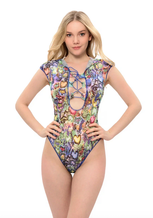 Snake One-piece Sleeveless Swimsuit with Hood & Lace
