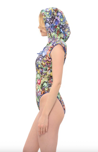 Snake One-piece Sleeveless Swimsuit with Hood & Lace