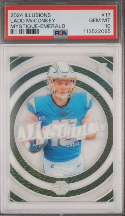 Graded 2024 Panini Illusions Ladd McConkey #17 Mystique Emerald Rookie RC Football Card PSA 10 Gem Mint