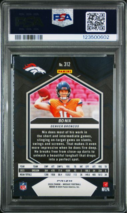 Graded 2024 Panini Mosaic Bo Nix #312 Camo Pink Rookie RC Football Card PSA 10 Gem Mint