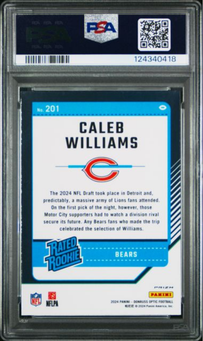 Graded 2024 Panini Donruss Optic Caleb Williams #201 Purple Shock Rookie RC Football Card PSA 10 Gem Mint