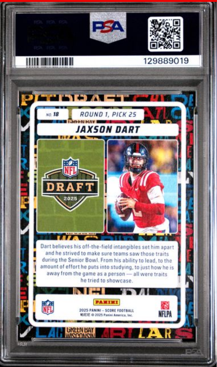 Graded 2025 Panini Score Jaxson Dart #18 NFL Draft Rookie RC Football Card PSA 9 Mint