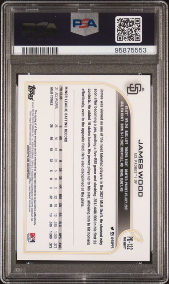 Graded 2022 Topps Pro Debut James Wood #PD132 Autograph Rookie RC Baseball Card PSA 10 Gem Mint