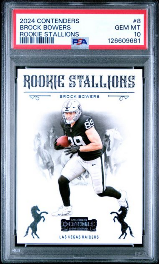 Graded 2024 Panini Contenders Brock Bowers #8 Rookie Stallions Rookie RC Football Card PSA 10 Gem Mint