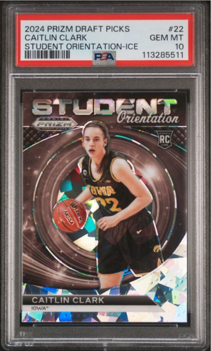 Graded 2024 Panini Prizm Draft Picks Caitlin Clark #22 Student Orientation Ice Rookie RC Basketball Card PSA 10 Gem Mint