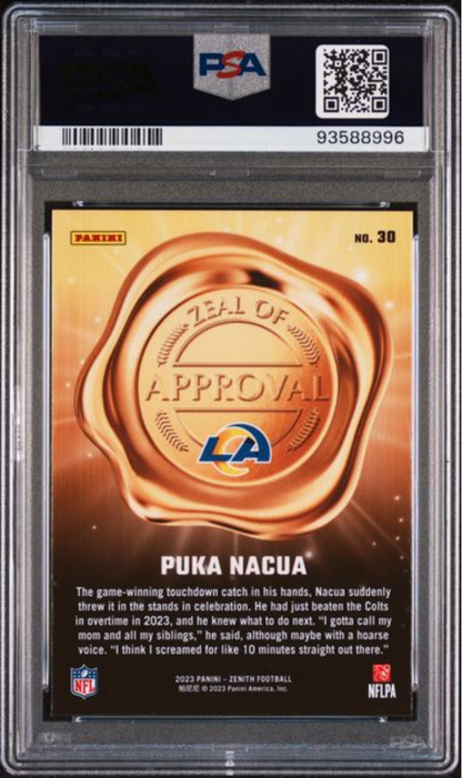 Graded 2023 Panini Zenith Puka Nacua #30 Zeal of Approval Blue Rookie RC Football Card PSA 10 Gem Mint