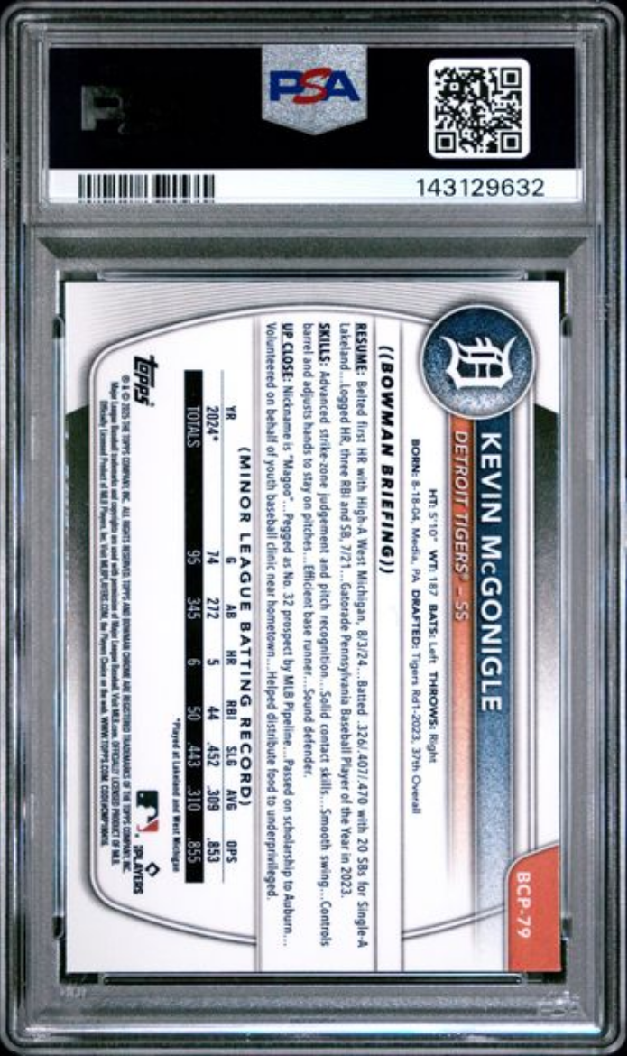 Graded 2025 Topps Bowman Chrome Kevin McGonigle #BCP79 Chrome Prospects Rookie RC Baseball Card PSA 10 Gem Mint