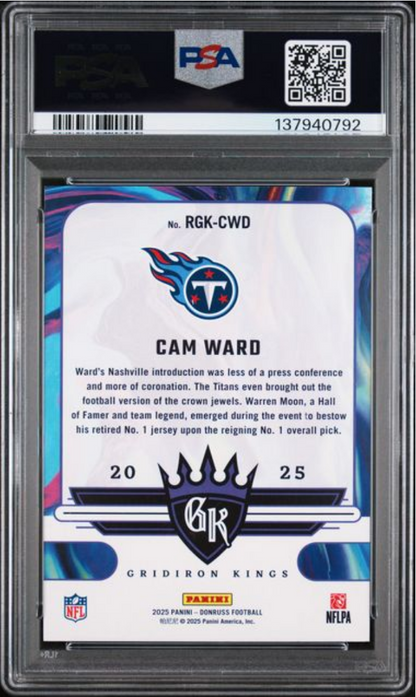 Graded 2025 Panini Donruss Cam Ward #RGKCWD Rookie Gridiron Kings Rookie RC Football Card PSA 10 Gem Mint