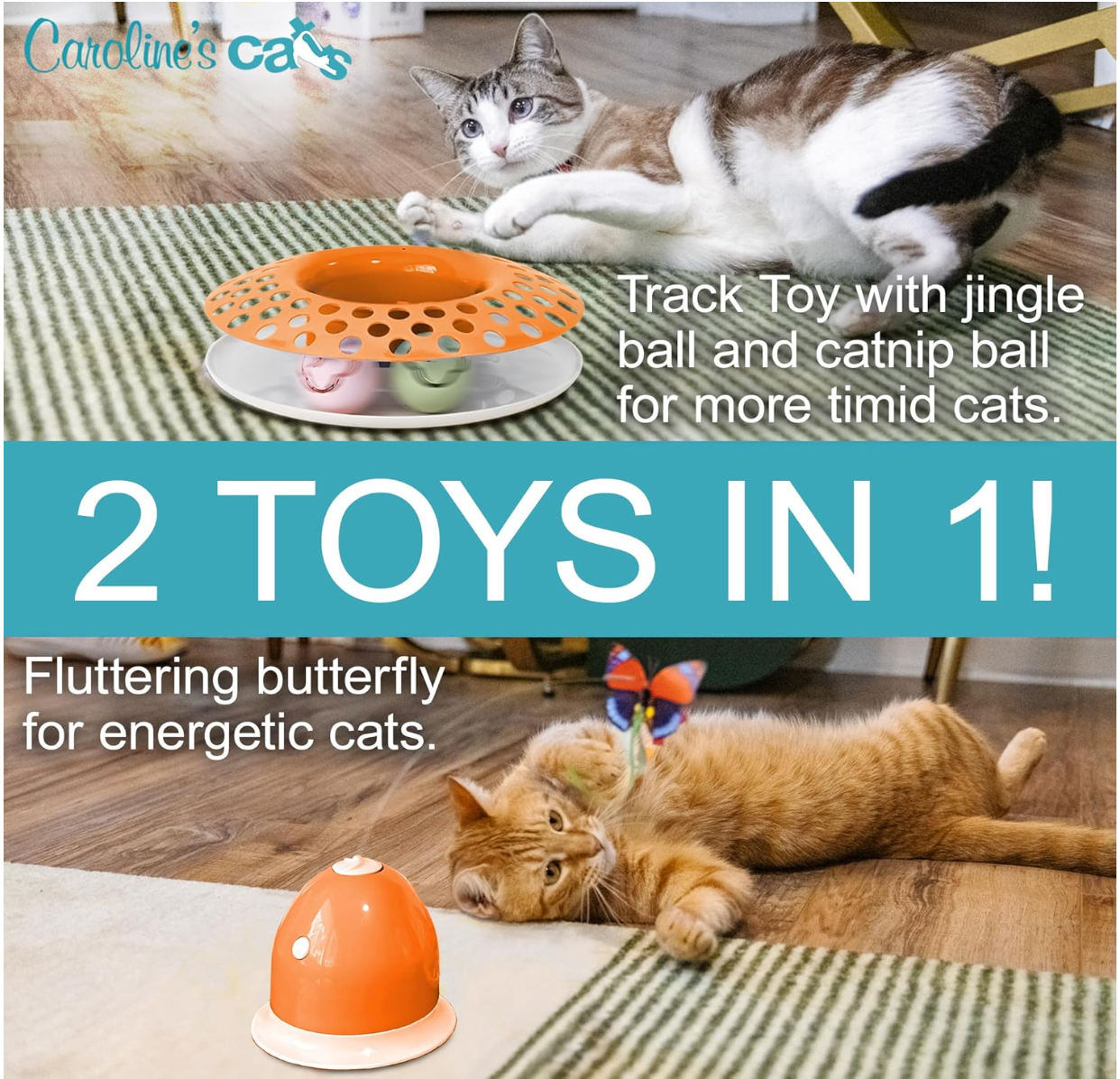 Caroline's Cats Automatic Butterfly Cat Toy – Interactive 2 in 1 with Auto Shut Off & Catnip Ball Track; Recommended Electric Exercise & Enrichment Game
