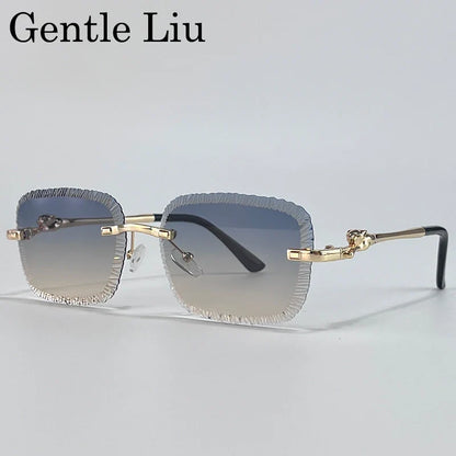 Rimless Square Sunglasses Men 2026 Luxury Brand Cut Edge Eyewear Trendy Leopard Head Sunglass For Male Punk Metal Frame Shades
