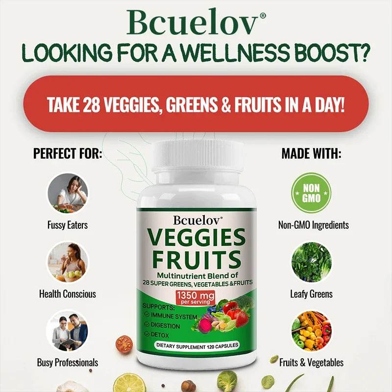 Bcuelov Vegetable and Fruit Supplement -1350 Mg - Supports Immune, Digestion, Detoxification - 120 Capsules