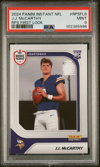 Graded 2024 Panini Instant NFL JJ McCarthy #RPSFL8 RPS First Look Rookie RC Football Card PSA 9 Mint