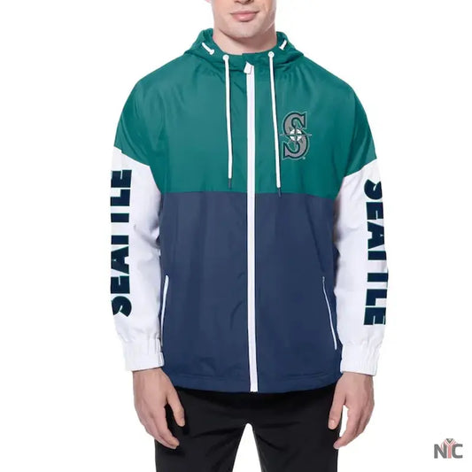 Seattle Mariners Color Block Navy/Aqua Hoodie Windbreaker
