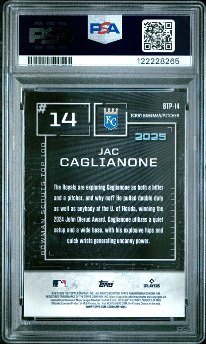 Graded 2025 Topps Bowman Jac Caglianone #BTP14 Scouts Top 100 Rookie RC Baseball Card PSA 8 Near Mint