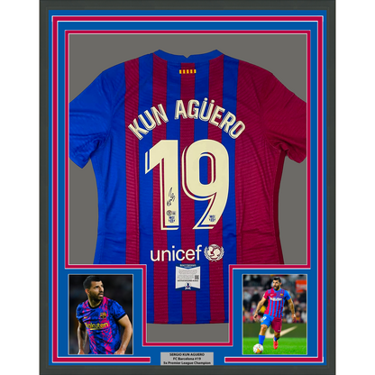 Framed Autographed/Signed Sergio Kun Aguero 35x39 FC Barcelona Red/Blue Soccer Futbol Jersey Beckett BAS COA