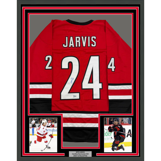 Framed Autographed/Signed Seth Jarvis 35x39 Carolina Red Hockey Jersey Beckett BAS COA