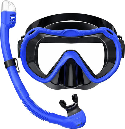Dry Top Anti-Leak Snorkel Set, Adult Anti-Fog Tempered Glass Mask SoftSiliconeSnorkelTubeforOceanSnorkelingSwimmingBeachVacation
