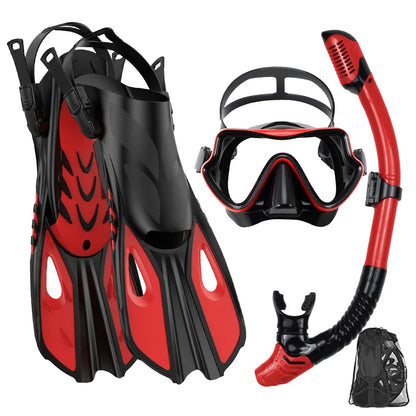 Mask Fin Snorkel Set Snorkel Gear for Adult Panoramic View Snorkel Mask Adjustable Dive Flipper Dry Top Snorkel and Travel Bag