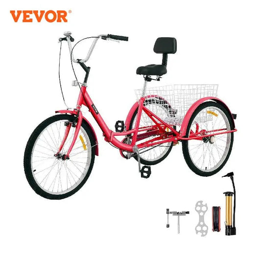 VEVOR Foldable Adult Tricycle 24'' 1 Speed Red White Green Blue 3-Wheel Folding Bike with Shopping Basket