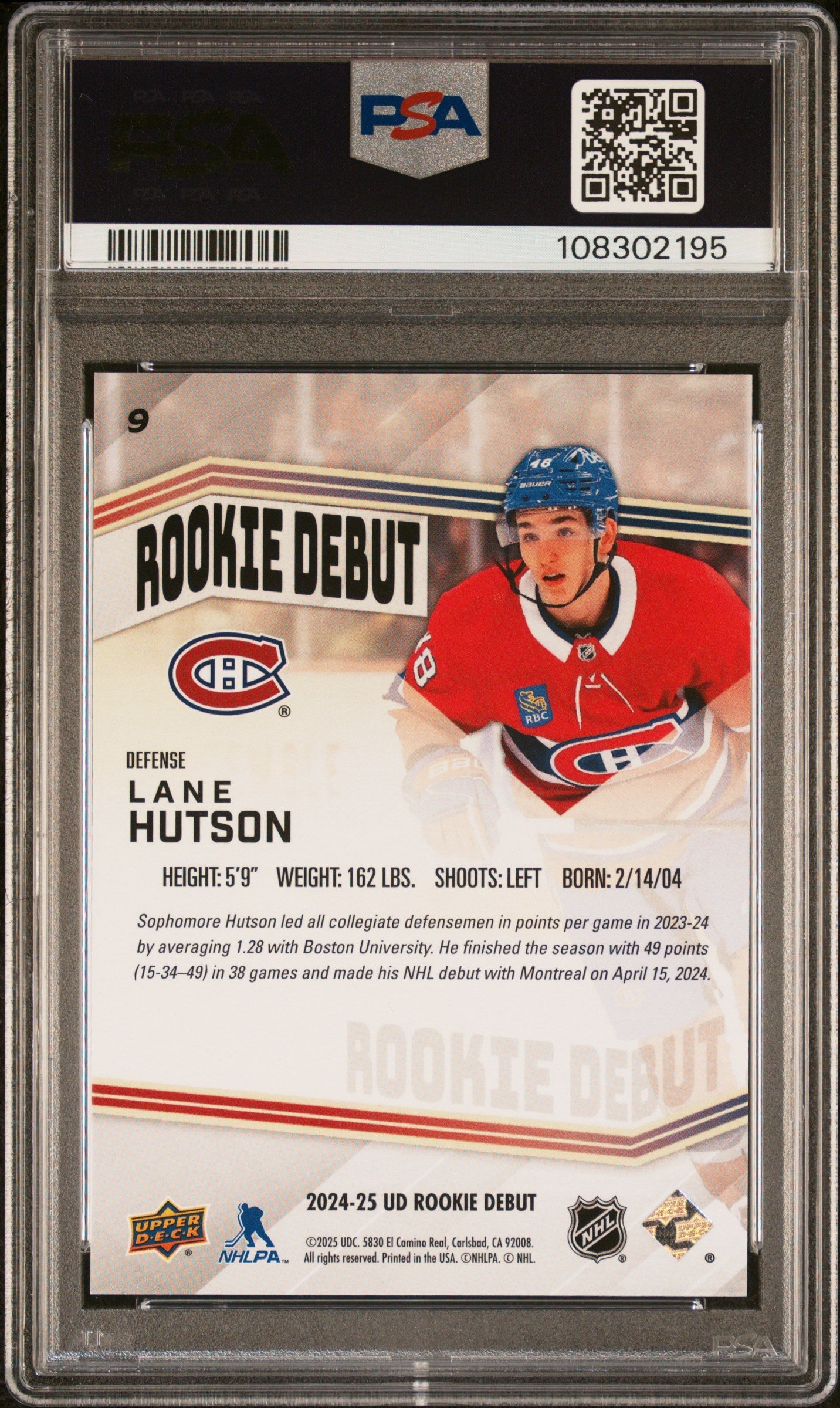 Graded 2024 Upper Deck Rookie Debut Lane Hutson #9 Rookie RC Hockey Card PSA 10 Gem Mint