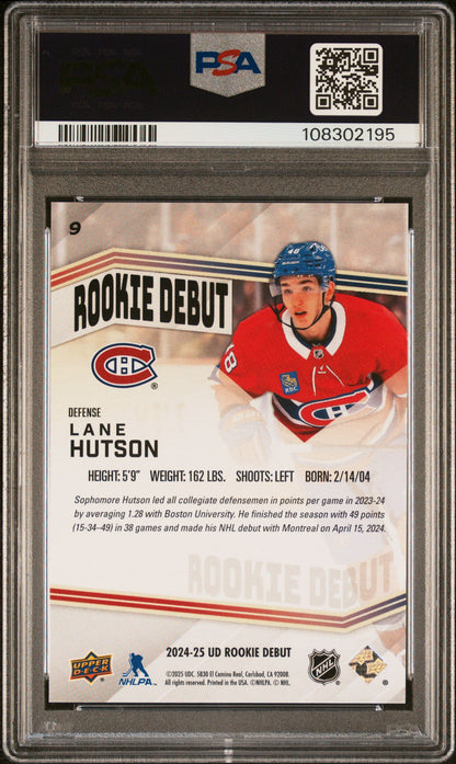 Graded 2024 Upper Deck Rookie Debut Lane Hutson #9 Rookie RC Hockey Card PSA 10 Gem Mint