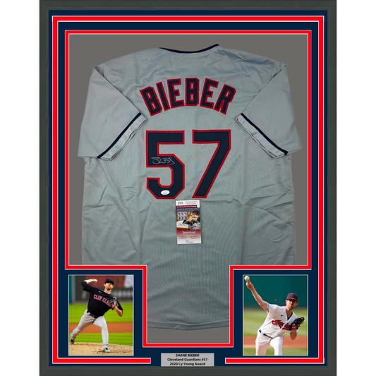 Framed Autographed/Signed Shane Bieber 35x39 Cleveland Grey Baseball Jersey JSA COA