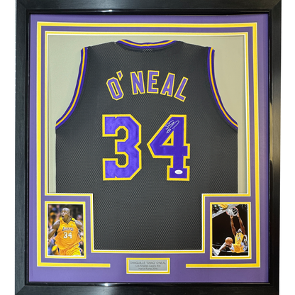 Framed Autographed/Signed Shaquille Shaq O'Neal 35x39 Los Angeles LA Black Basketball Jersey JSA COA