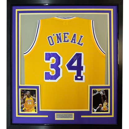 Framed Autographed/Signed Shaquille Shaq O'Neal 35x39 Los Angeles LA Yellow Basketball Jersey Beckett BAS COA