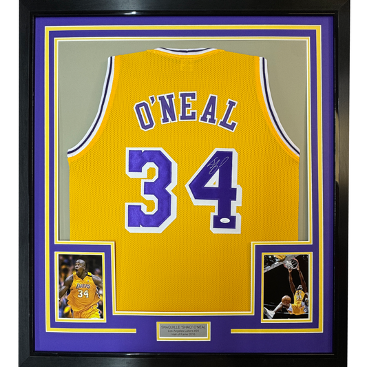 Framed Autographed/Signed Shaquille Shaq O'Neal 35x39 Los Angeles LA Yellow Basketball Jersey Beckett BAS COA
