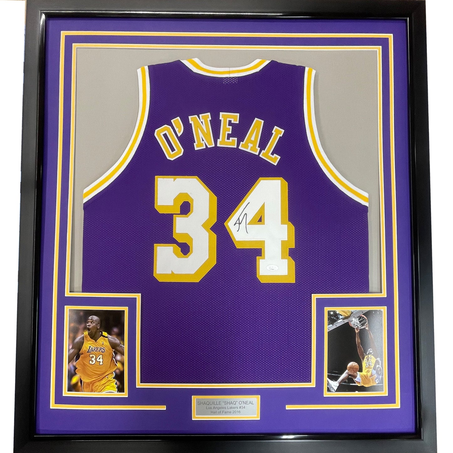 Framed Autographed/Signed Shaquille Shaq O'Neal 35x39 Los Angeles LA Purple Basketball Jersey Beckett BAS COA