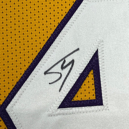 Framed Autographed/Signed Shaquille Shaq O'Neal 35x39 Los Angeles LA Yellow Basketball Jersey Beckett BAS COA