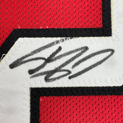 Framed Autographed/Signed Shaquille Shaq O'Neal 35x39 Miami Red Basketball Jersey JSA COA