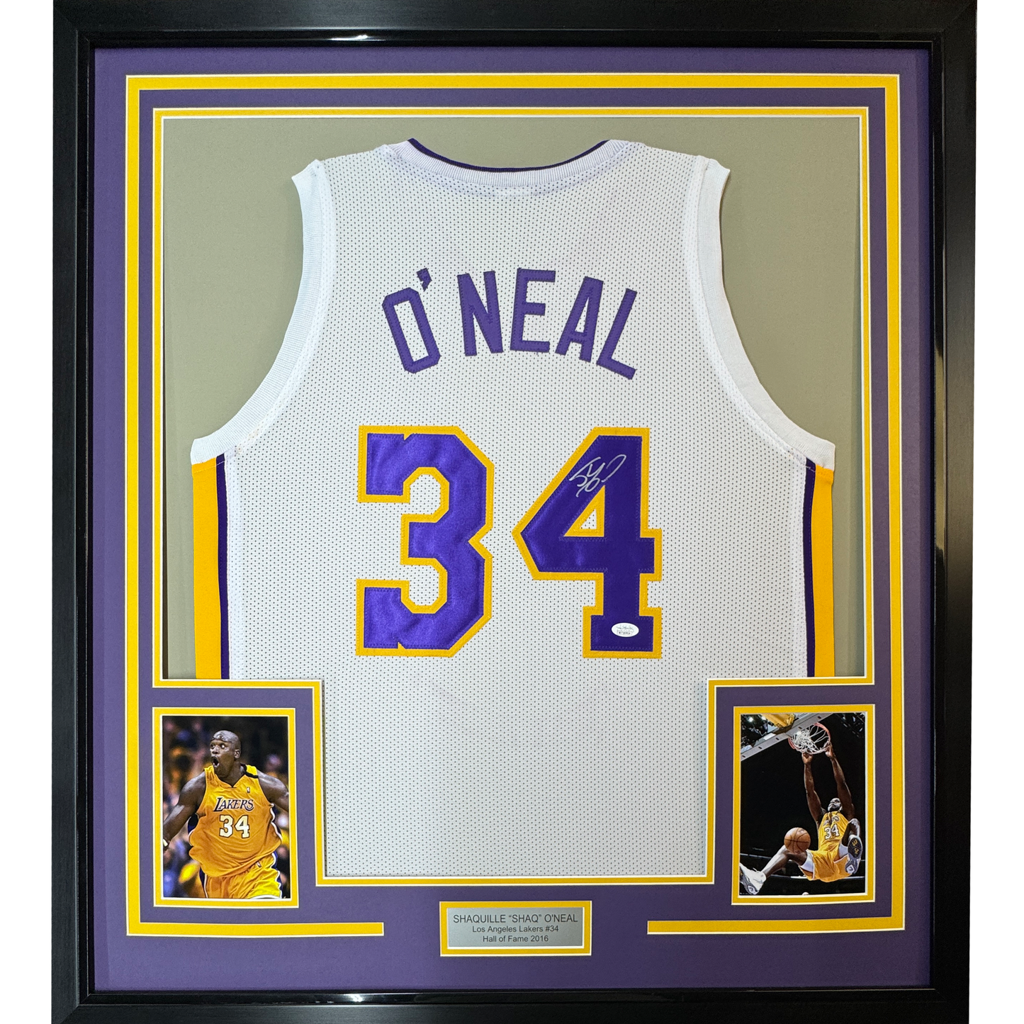 Framed Autographed/Signed Shaquille Shaq O'Neal 35x39 Los Angeles LA White Basketball Jersey JSA COA