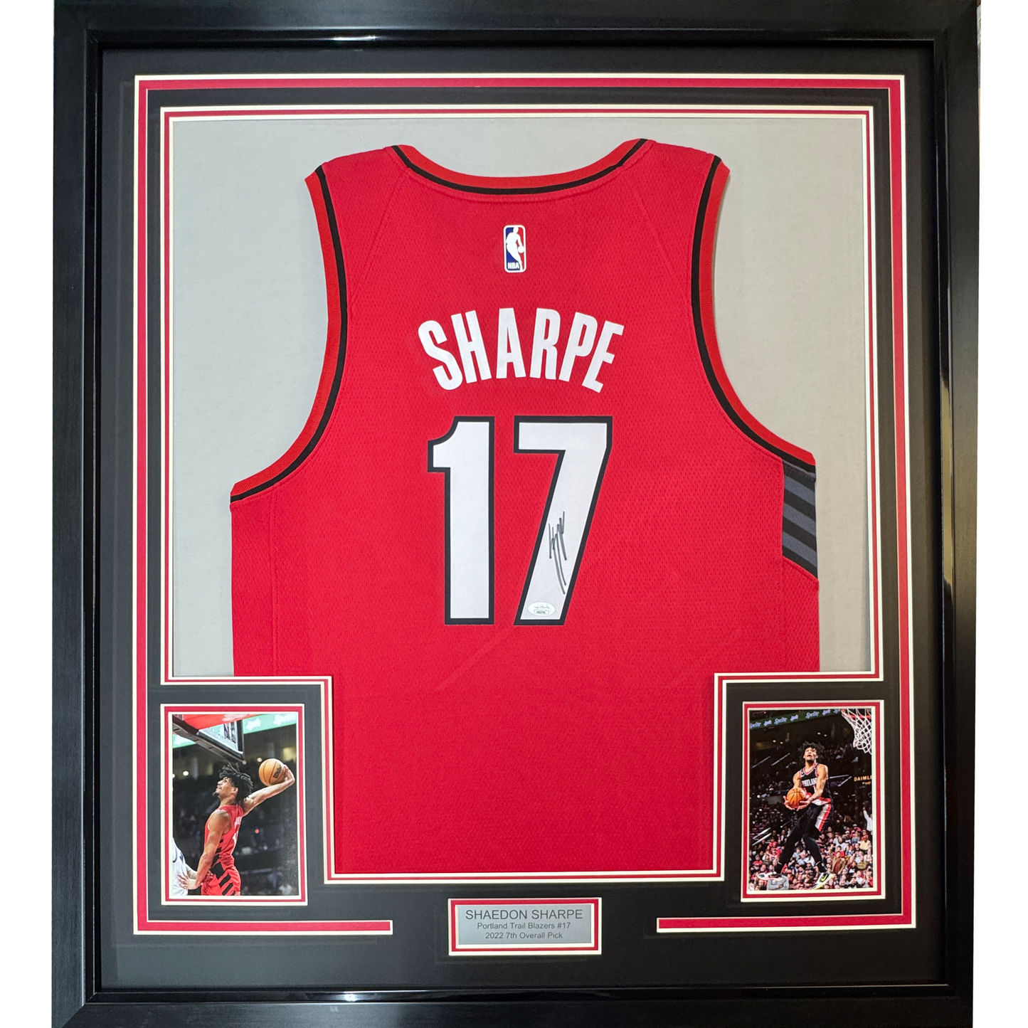 Framed Autographed/Signed Shaedon Sharpe 35x39 Portland Red Basketball Jersey JSA COA