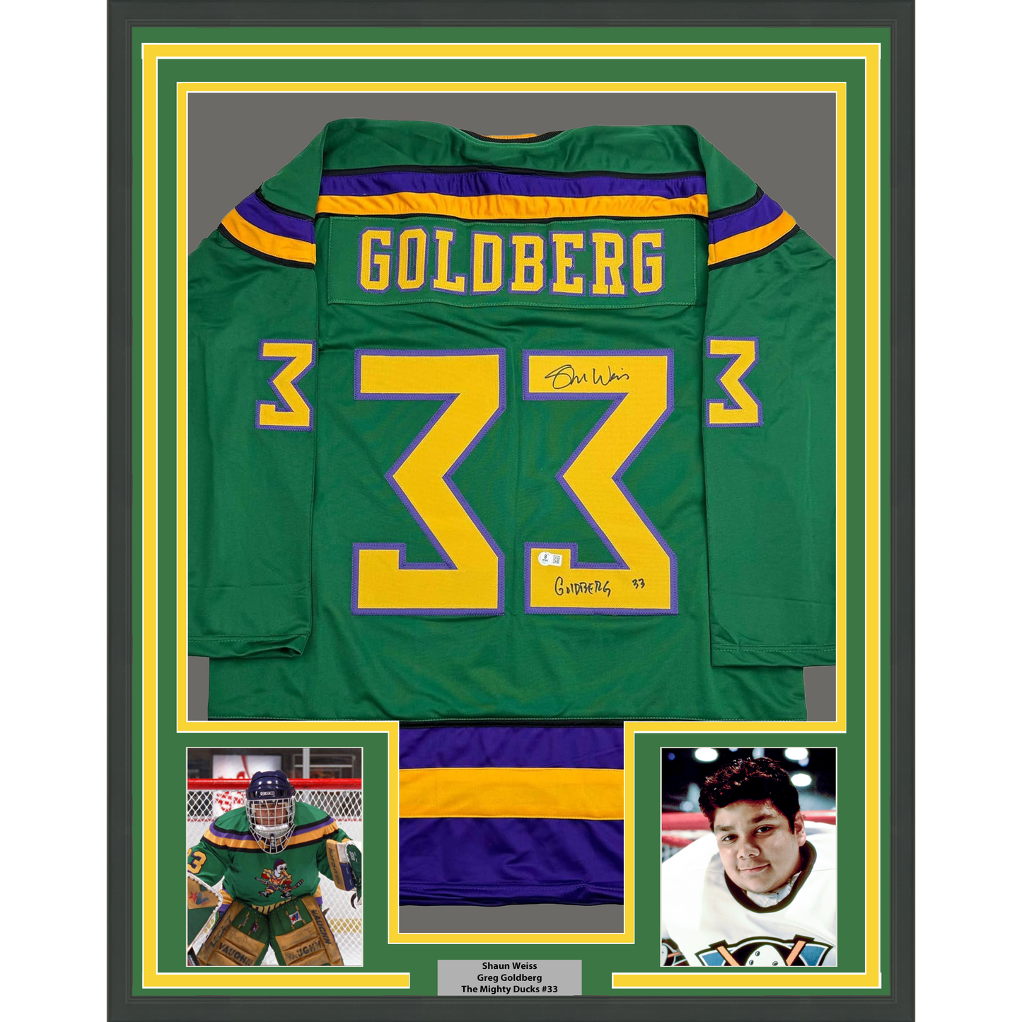 Framed Autographed/Signed Shaun Weiss Greg Goldberg 35x39 The Mighty Ducks Green Hockey Jersey Beckett BAS COA