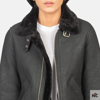 Sherilyn B-3 Distressed Black Leather Bomber Jacket
