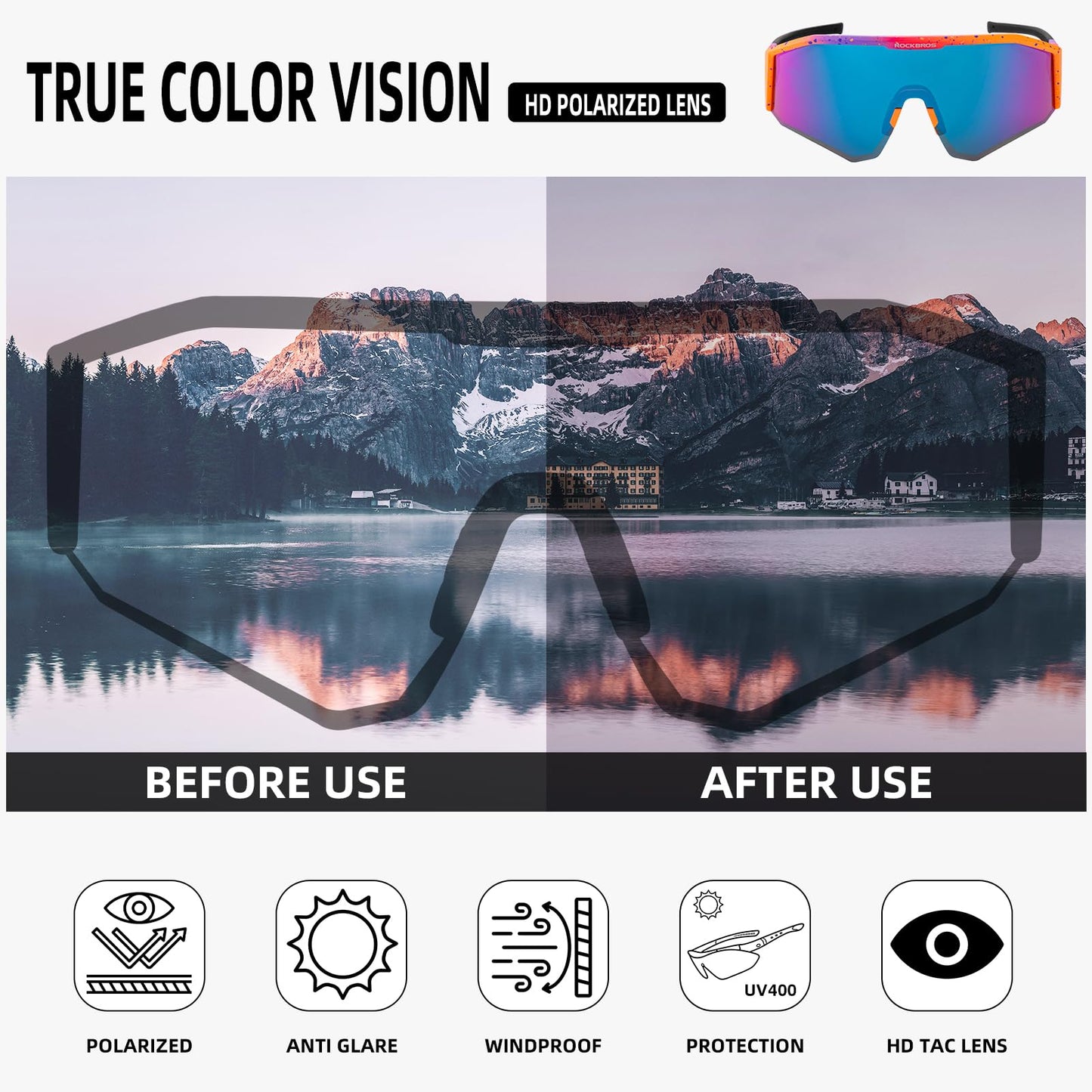 ROCKBROS Polarized Sunglasses Lightweight UV400 Protection Adjustable Fit