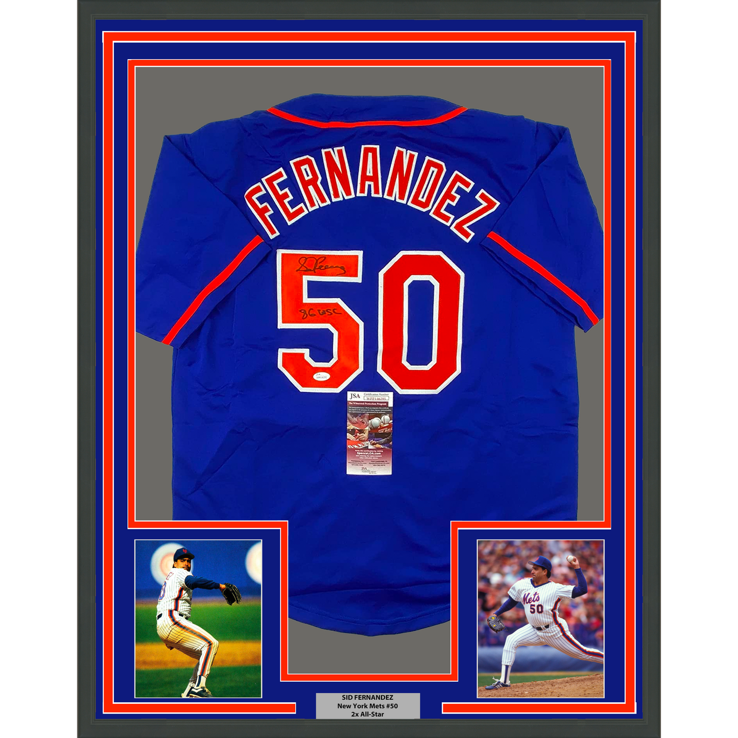 Framed Autographed/Signed Sid Fernandez 35x39 86 WSC New York Blue Baseball Jersey JSA COA