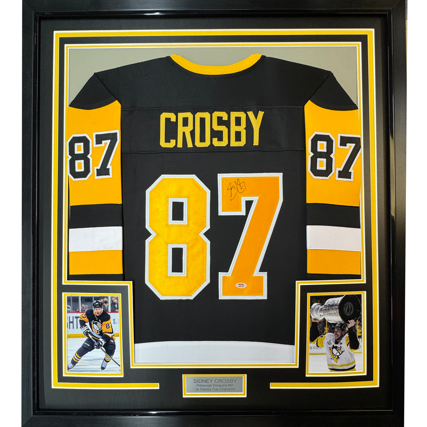 Framed Autographed/Signed Sidney Crosby 35x39 Pittsburgh Black Hockey Jersey PSA COA