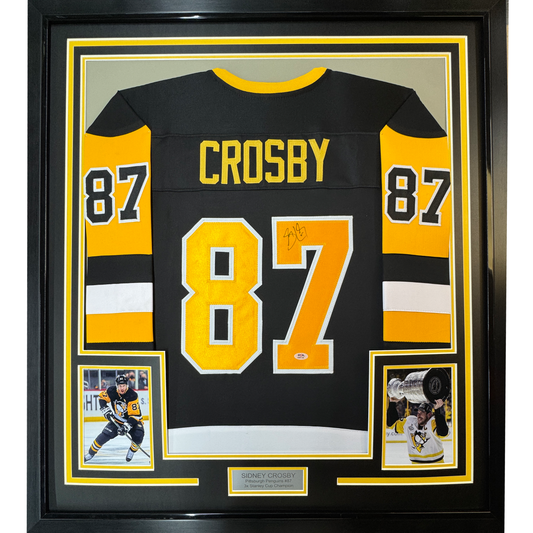 Framed Autographed/Signed Sidney Crosby 35x39 Pittsburgh Black Hockey Jersey PSA COA