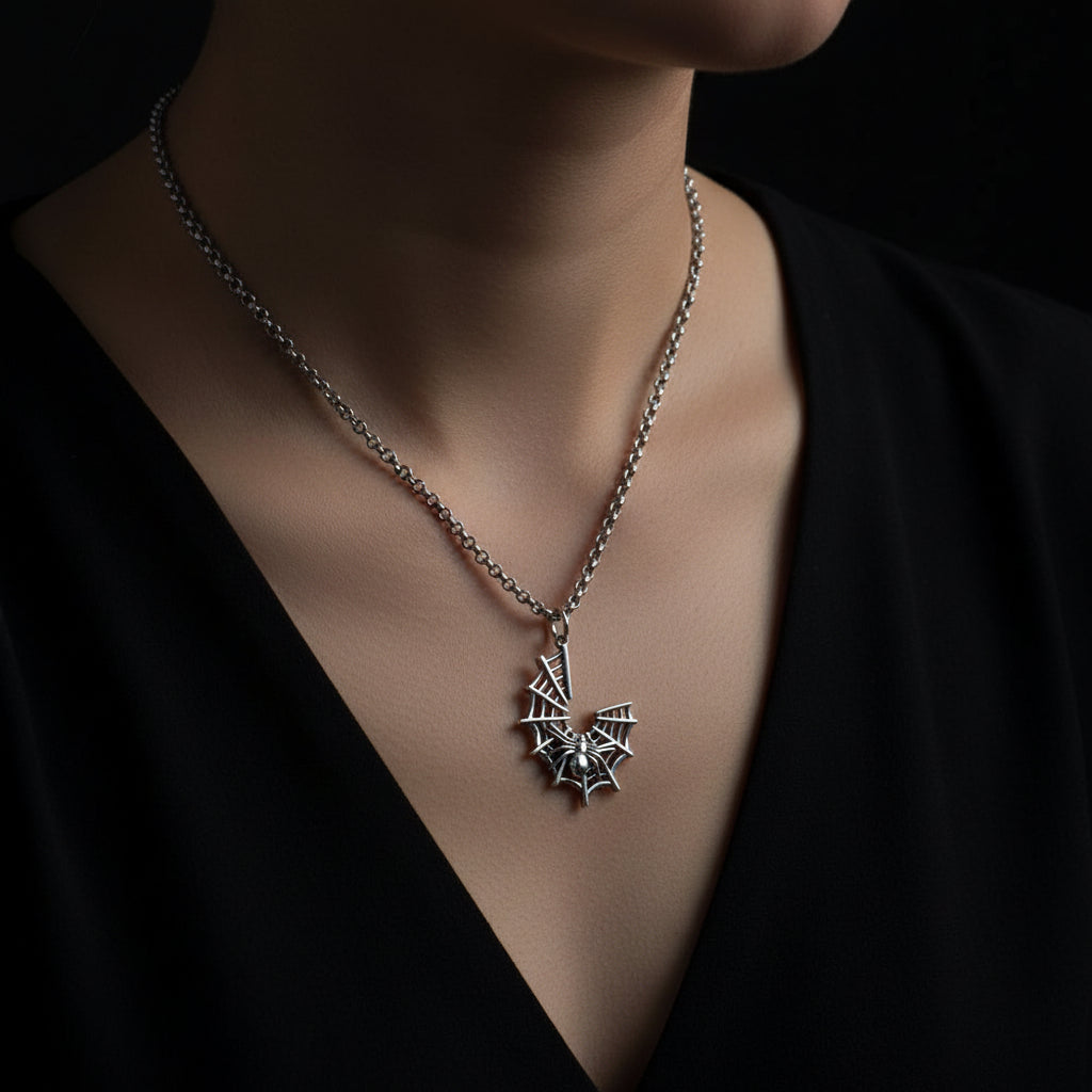 Crescent Web & Spider Pendant Necklace (925 Silver)
