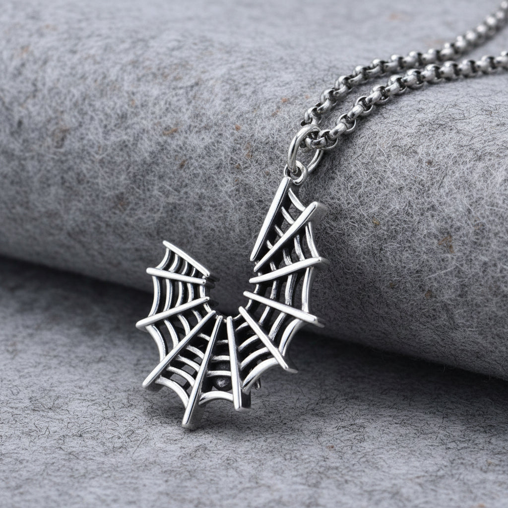 Crescent Web & Spider Pendant Necklace (925 Silver)