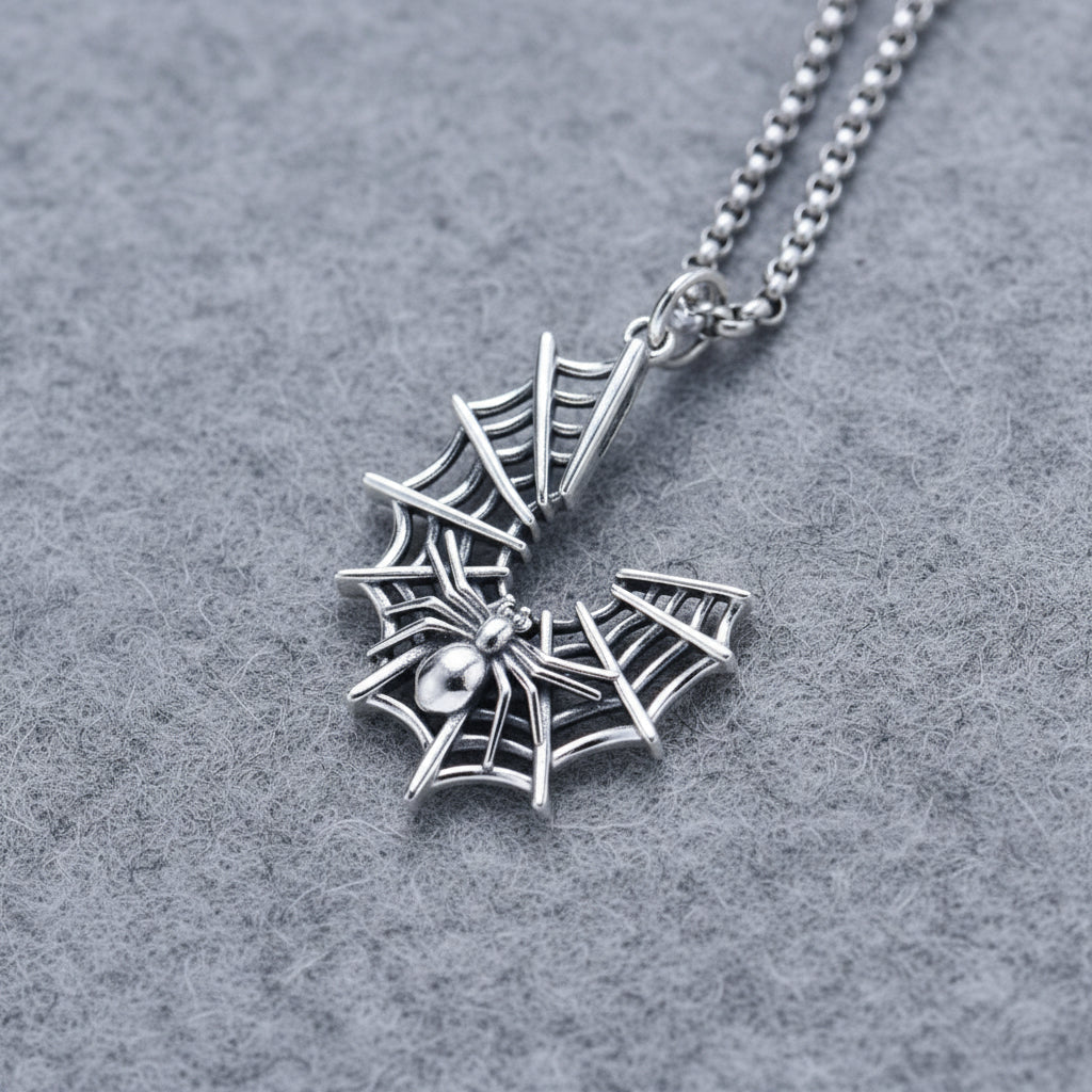 Crescent Web & Spider Pendant Necklace (925 Silver)