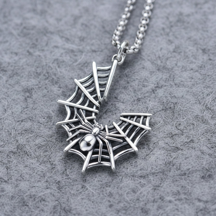 Crescent Web & Spider Pendant Necklace (925 Silver)