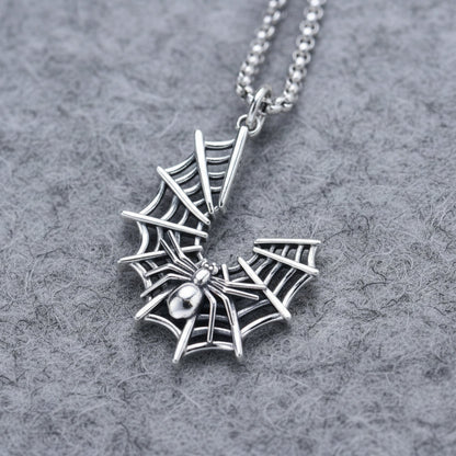 Crescent Web & Spider Pendant Necklace (925 Silver)