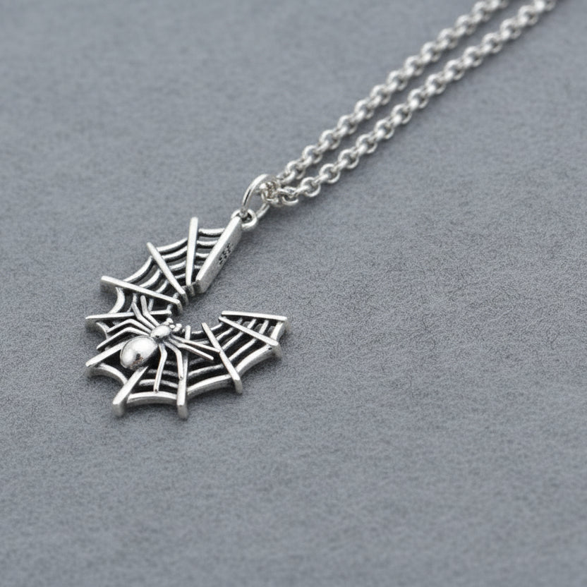 Crescent Web & Spider Pendant Necklace (925 Silver)
