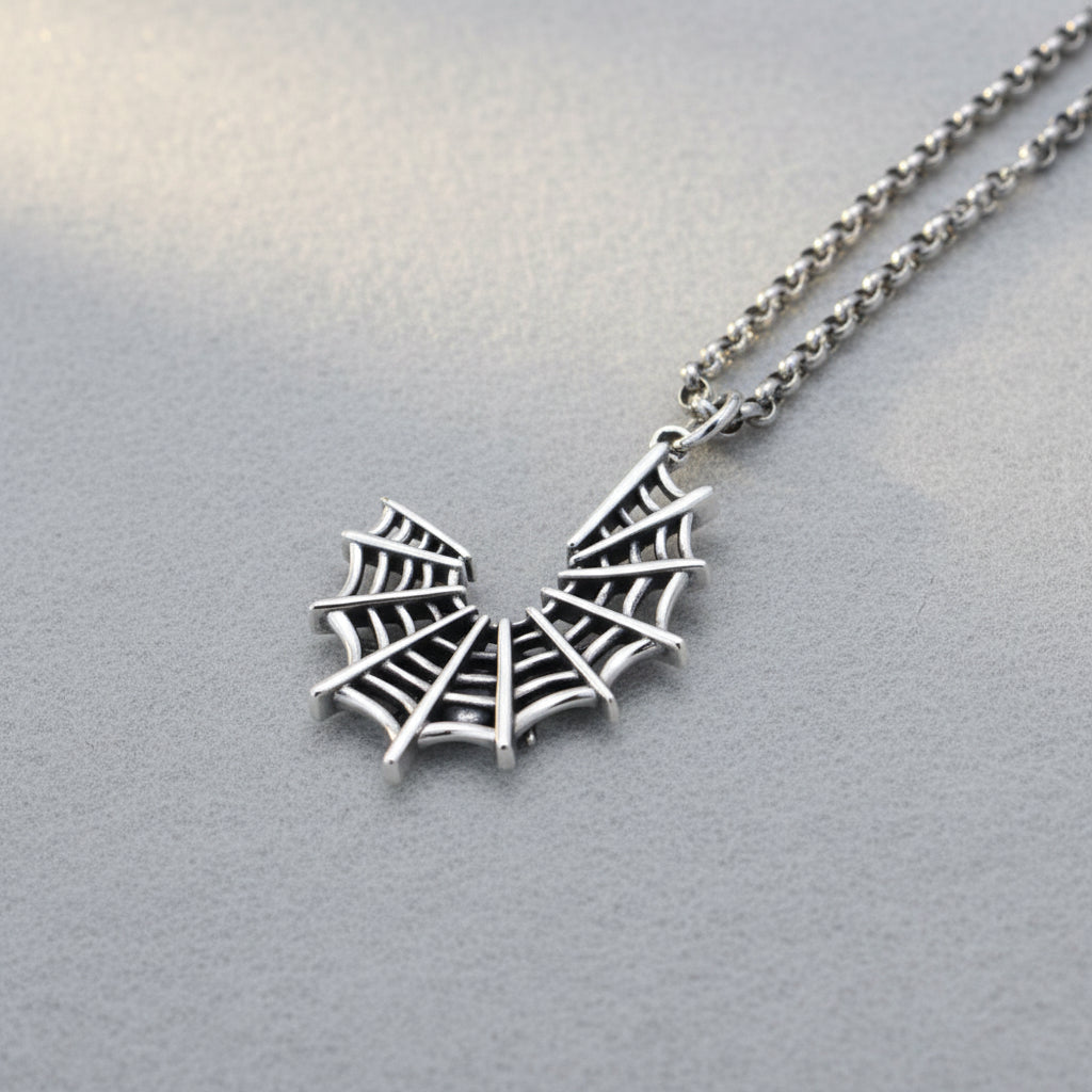 Crescent Web & Spider Pendant Necklace (925 Silver)