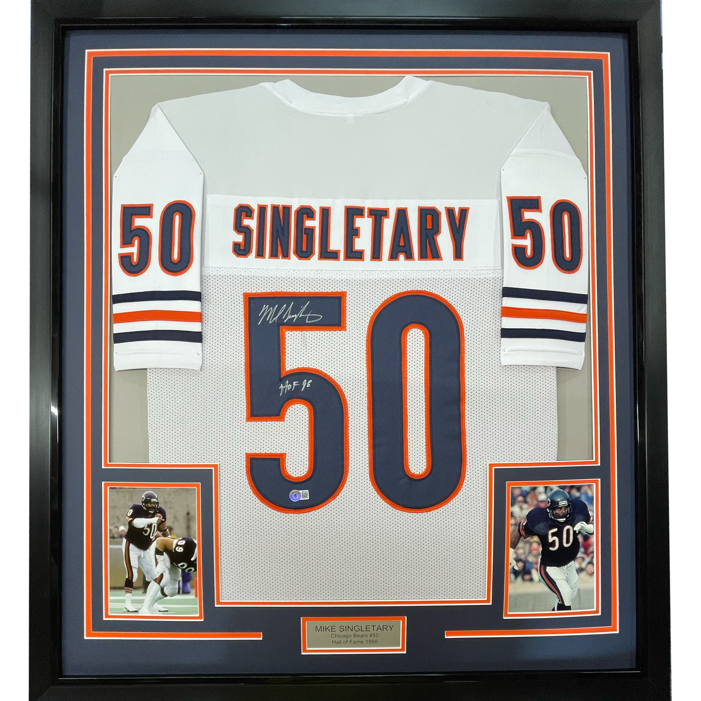 Framed Autographed/Signed Mike Singletary HOF 98 35x39 Chicago White Football Jersey JSA COA