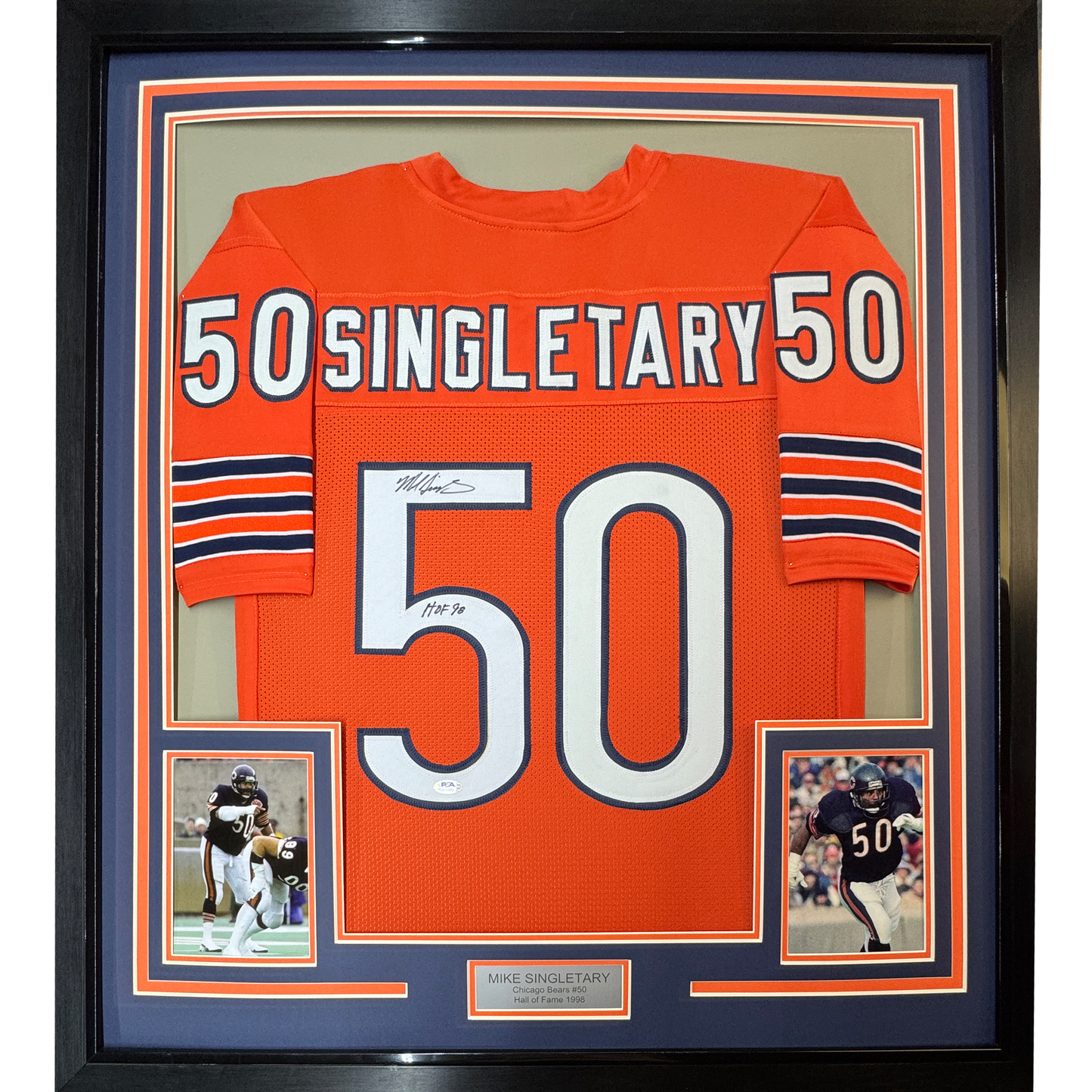 Framed Autographed/Signed Mike Singletary HOF 98 35x39 Chicago Orange Football Jersey JSA COA