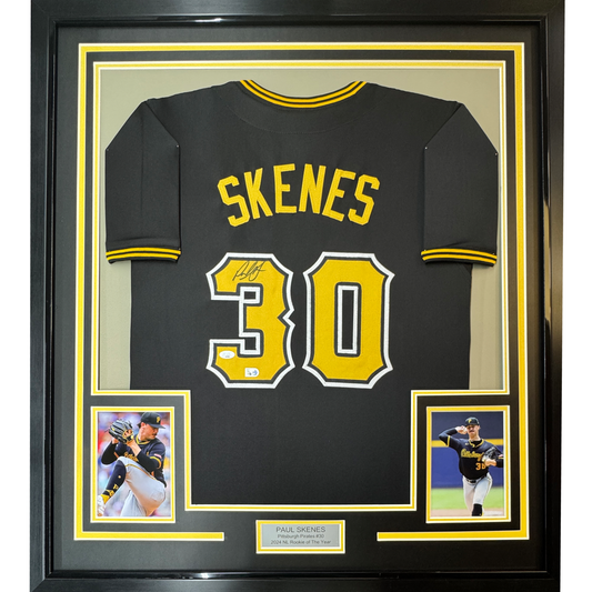 Framed Autographed/Signed Paul Skenes 35x39 Pittsburgh Black Baseball Jersey JSA COA